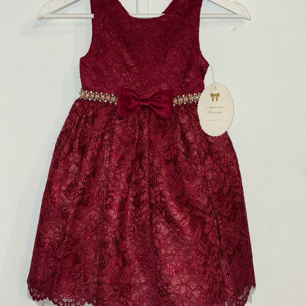 American Princess Burgundy Lace Dress with Bow